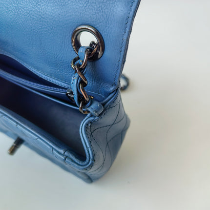Chanel Classic Flap Mini Square Quilted Blue Calfskin Leather Silver Hardware Crossbody Bag