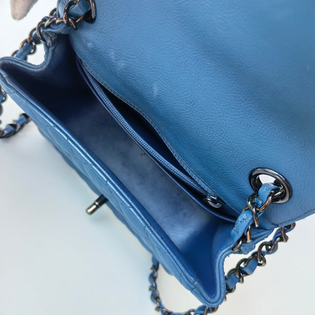 Chanel Classic Flap Mini Square Quilted Blue Calfskin Leather Silver Hardware Crossbody Bag