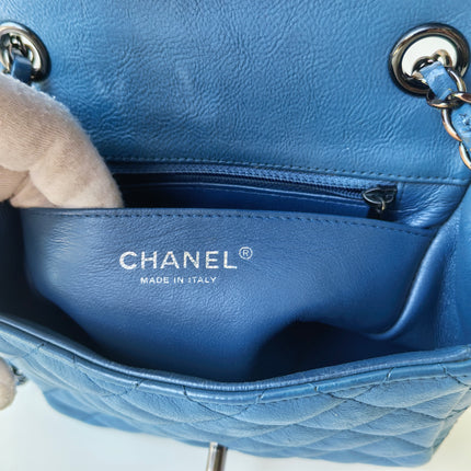 Chanel Classic Flap Mini Square Quilted Blue Calfskin Leather Silver Hardware Crossbody Bag
