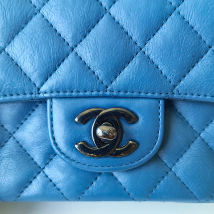 Chanel Classic Flap Mini Square Quilted Blue Calfskin Leather Silver Hardware Crossbody Bag