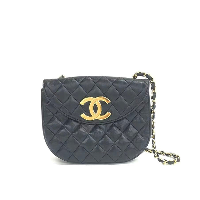 Chanel Vintage Half Moon Flap Bag Black Lambskin Leather Mega Gold Hardware 1989-1991-Luxbags