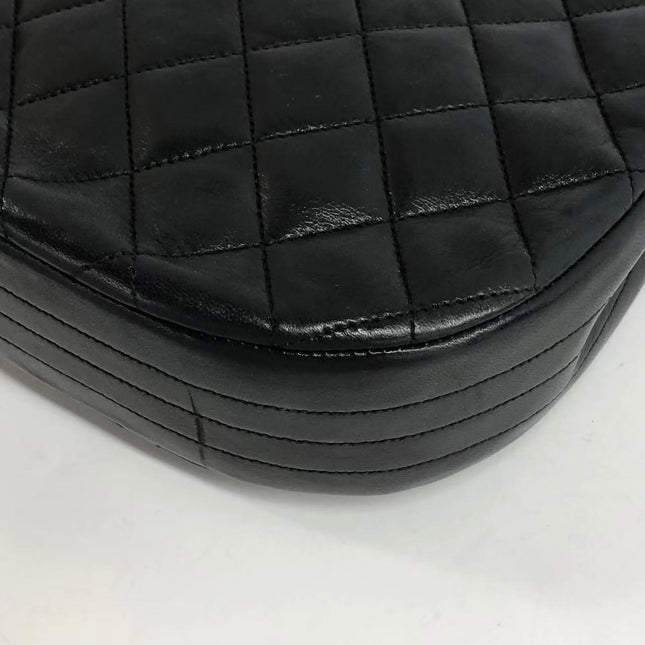 Chanel Vintage Half Moon Flap Bag Black Lambskin Leather Mega Gold Hardware 1989-1991