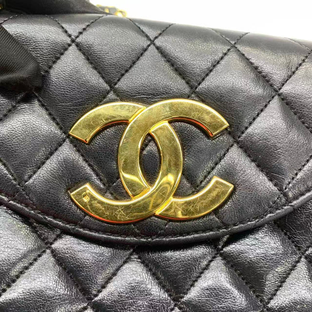 Chanel Vintage Half Moon Flap Bag Black Lambskin Leather Mega Gold Hardware 1989-1991