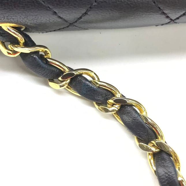 Chanel Vintage Half Moon Flap Bag Black Lambskin Leather Mega Gold Hardware 1989-1991