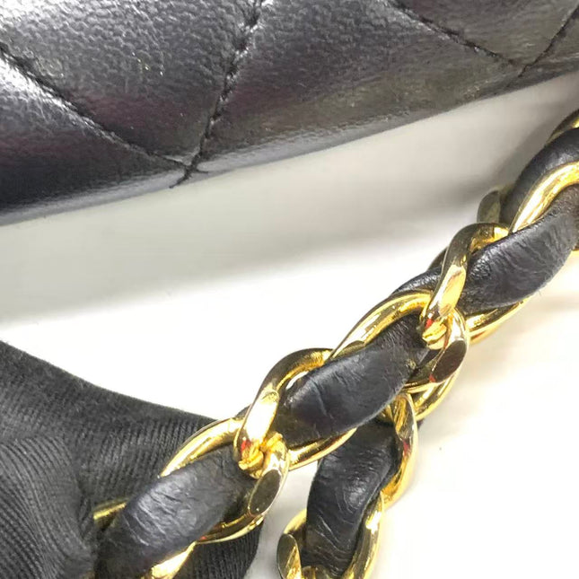 Chanel Vintage Half Moon Flap Bag Black Lambskin Leather Mega Gold Hardware 1989-1991