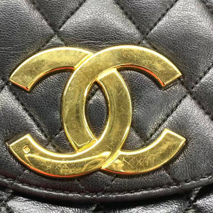 Chanel Vintage Half Moon Flap Bag Black Lambskin Leather Mega Gold Hardware 1989-1991