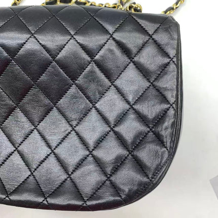 Chanel Vintage Half Moon Flap Bag Black Lambskin Leather Mega Gold Hardware 1989-1991