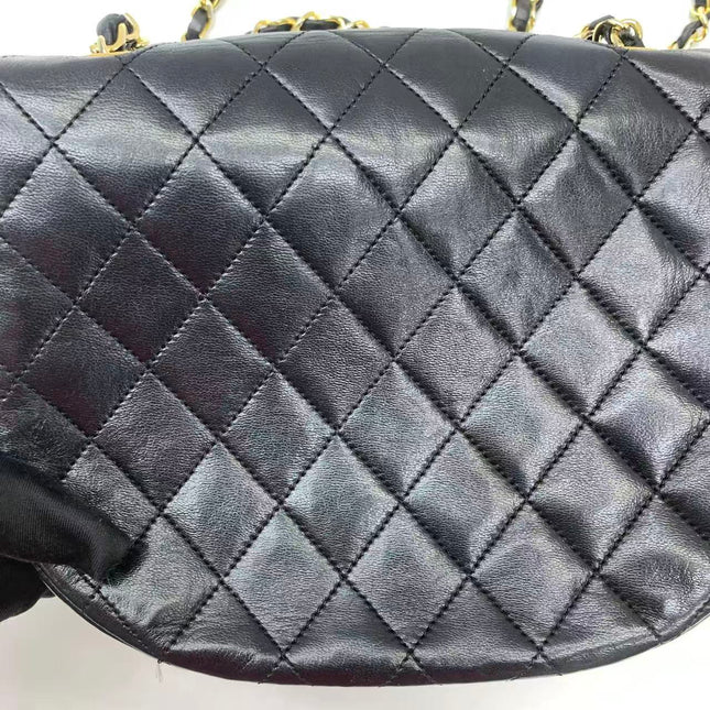 Chanel Vintage Half Moon Flap Bag Black Lambskin Leather Mega Gold Hardware 1989-1991