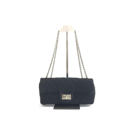 Chanel 2.55 East West Black Fabric Flap Bag with Silver Chain Shoulder Bag