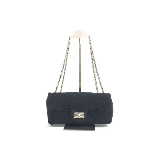 Chanel 2.55 East West Black Fabric Flap Bag with Silver Chain Shoulder Bag