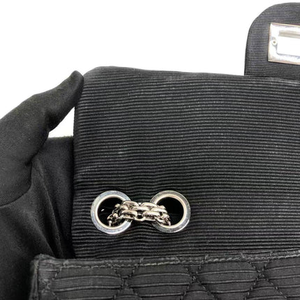 Chanel 2.55 East West Black Fabric Flap Bag with Silver Chain Shoulder Bag