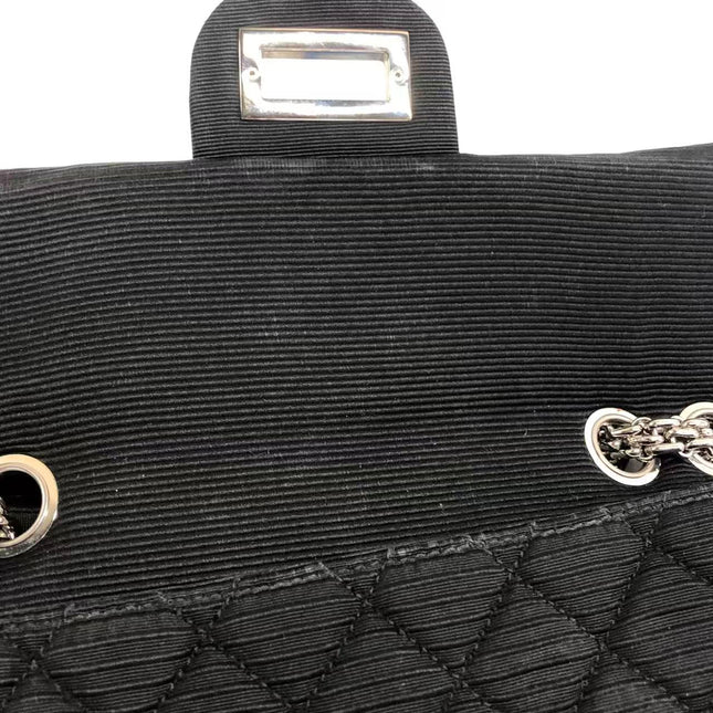 Chanel 2.55 East West Black Fabric Flap Bag with Silver Chain Shoulder Bag