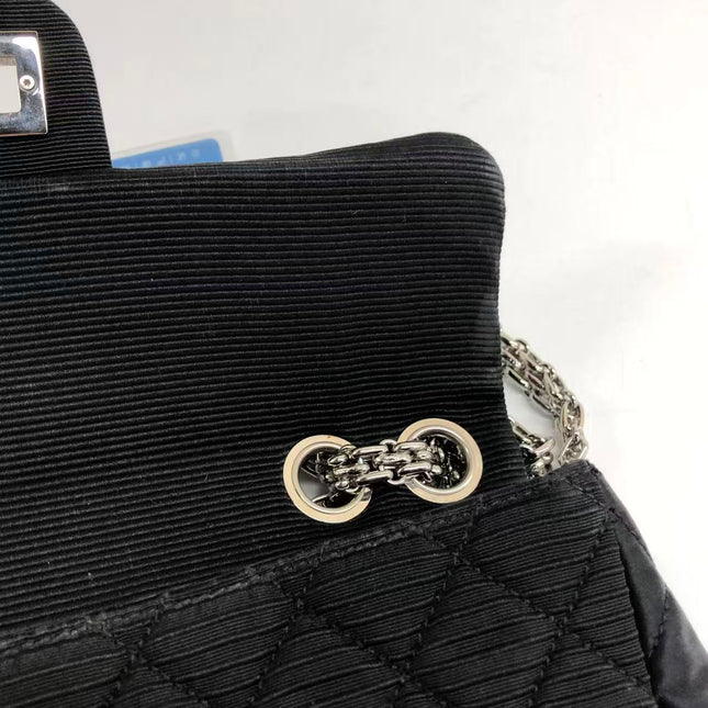 Chanel 2.55 East West Black Fabric Flap Bag with Silver Chain Shoulder Bag