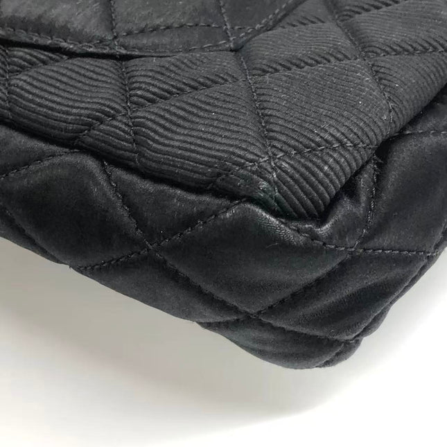 Chanel 2.55 East West Black Fabric Flap Bag with Silver Chain Shoulder Bag