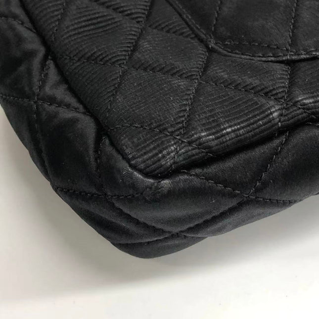 Chanel 2.55 East West Black Fabric Flap Bag with Silver Chain Shoulder Bag
