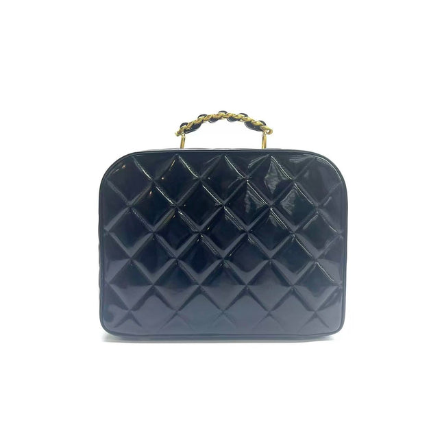 Chanel Vanity Case Vintage Black Patent Leather Top Handle with Strap