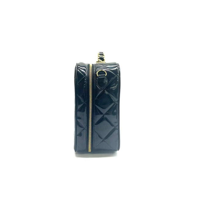 Chanel Vanity Case Vintage Black Patent Leather Top Handle with Strap