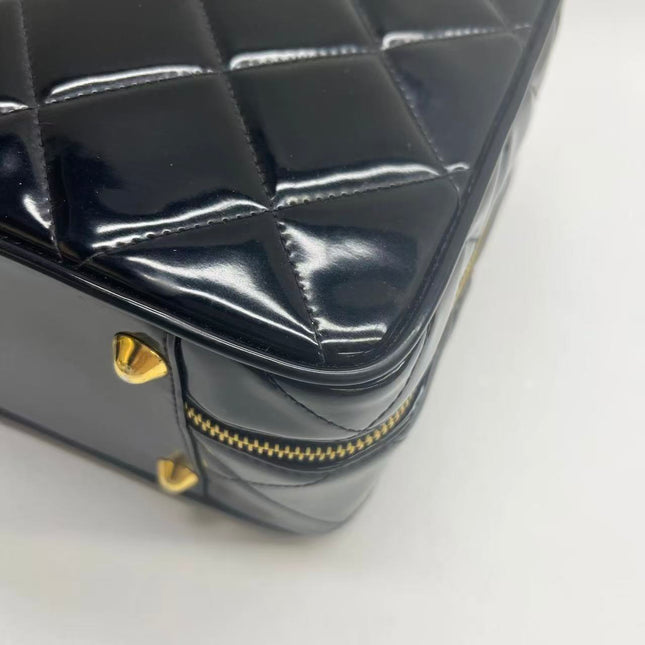 Chanel Vanity Case Vintage Black Patent Leather Top Handle with Strap