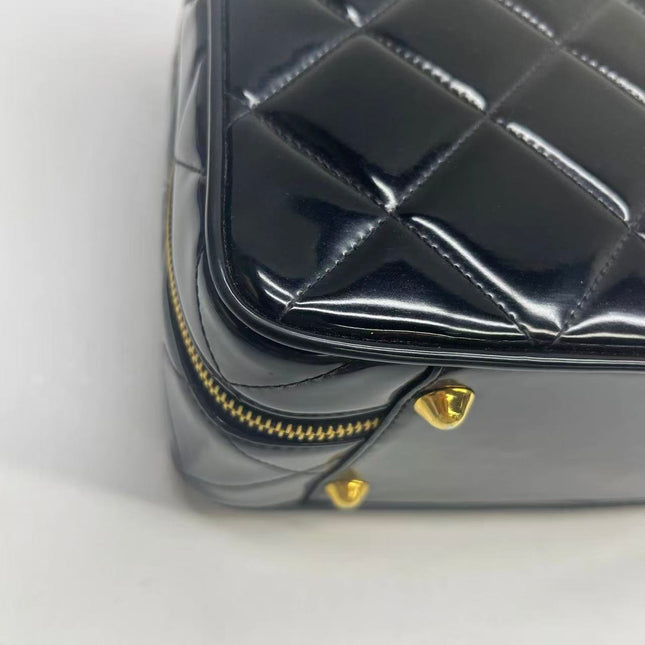 Chanel Vanity Case Vintage Black Patent Leather Top Handle with Strap