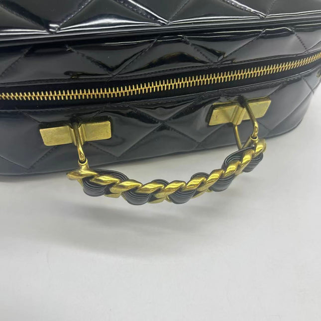 Chanel Vanity Case Vintage Black Patent Leather Top Handle with Strap
