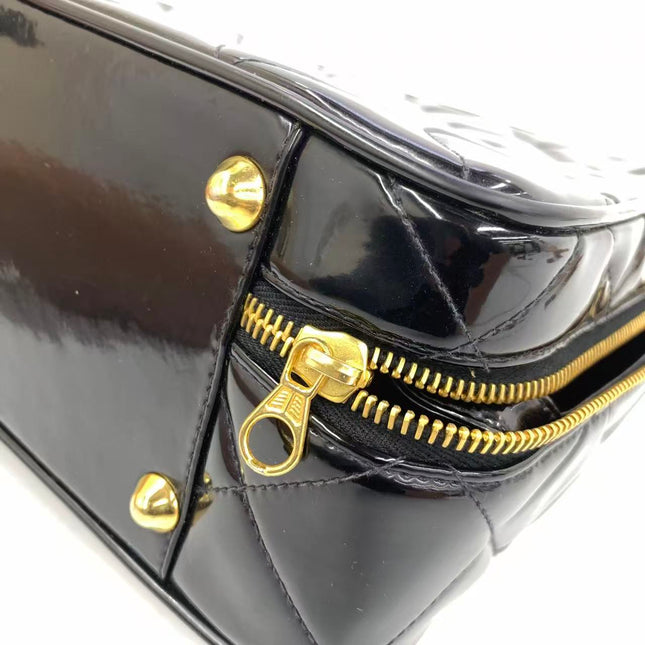 Chanel Vanity Case Vintage Black Patent Leather Top Handle with Strap