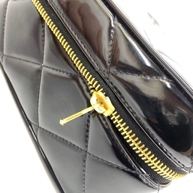 Chanel Vanity Case Vintage Black Patent Leather Top Handle with Strap