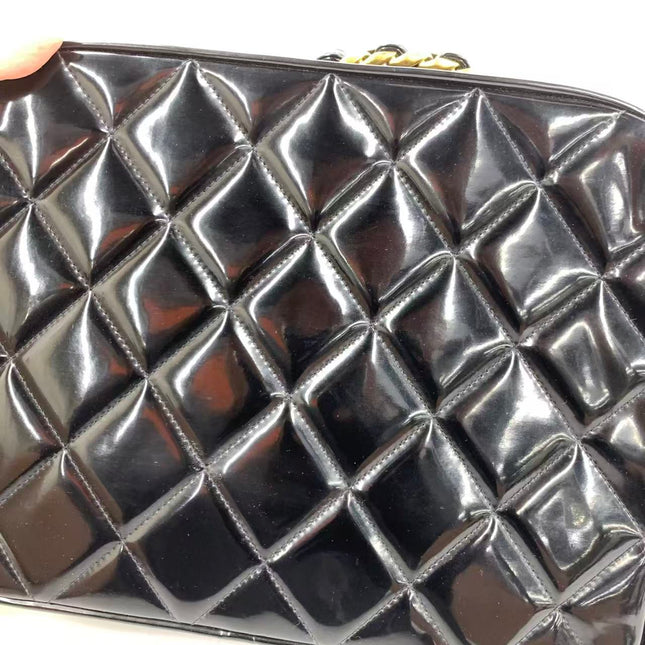 Chanel Vanity Case Vintage Black Patent Leather Top Handle with Strap