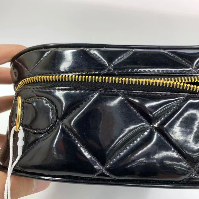 Chanel Vanity Case Vintage Black Patent Leather Top Handle with Strap