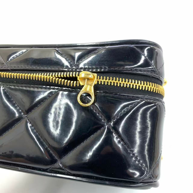 Chanel Vanity Case Vintage Black Patent Leather Top Handle with Strap