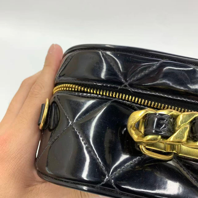 Chanel Vanity Case Vintage Black Patent Leather Top Handle with Strap