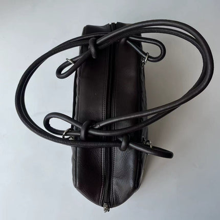 Sac bandoulière Chanel Cambon Medium en cuir de veau marron, logo CC en peau de serpent, double anse noire