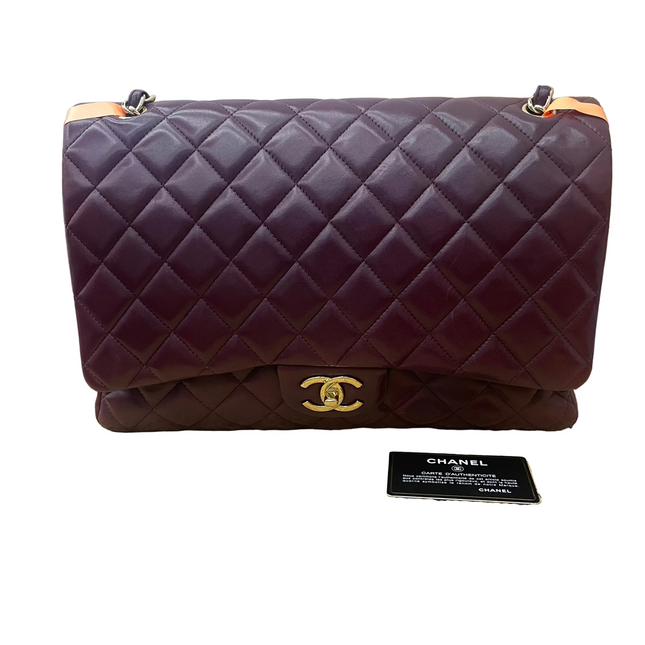 Chanel Classic Flap Maxi Burgundy Lambskin Leather Double Flap Gold Hardware-Luxbags