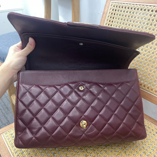 Chanel Classic Flap Maxi Burgundy Lambskin Leather Double Flap Gold Hardware