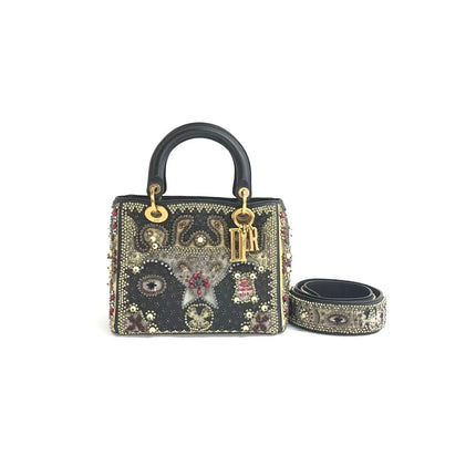 Lady Dior Medium Multicolor Beaded Leather and Fabric Gold Hardware with Strap