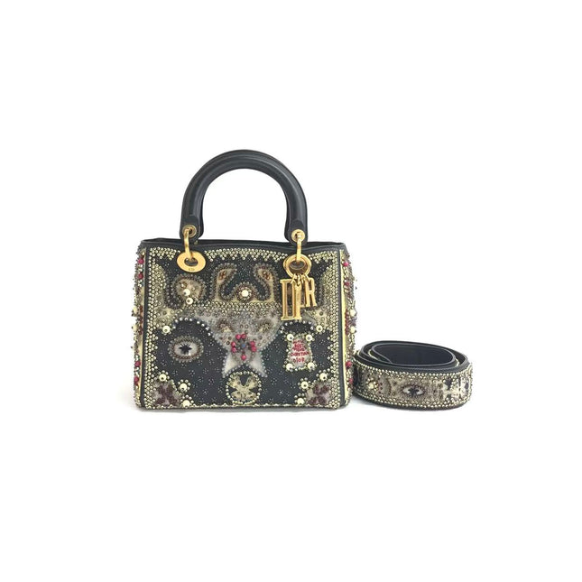 Lady Dior Medium Multicolor Beaded Leather and Fabric Gold Hardware with Strap