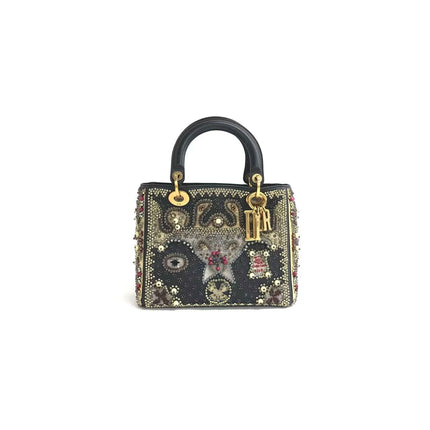 Lady Dior Medium Multicolor Beaded Leather and Fabric Gold Hardware with Strap