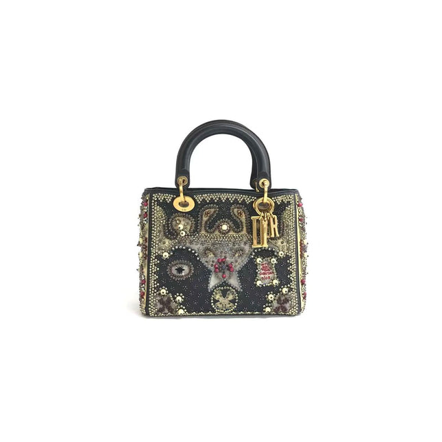 Lady Dior Medium Multicolor Beaded Leather and Fabric Gold Hardware with Strap