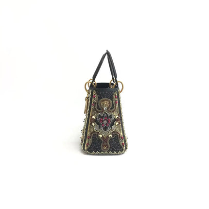 Lady Dior Medium Multicolor Beaded Leather and Fabric Gold Hardware with Strap