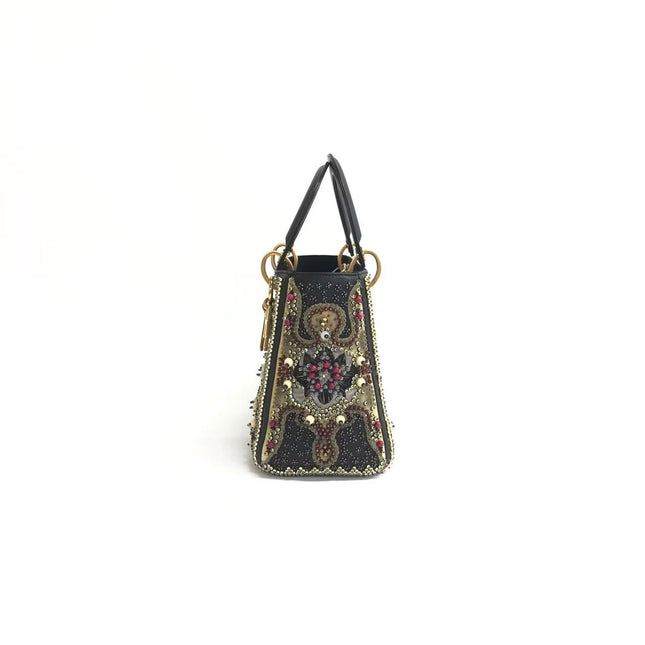 Lady Dior Medium Multicolor Beaded Leather and Fabric Gold Hardware with Strap