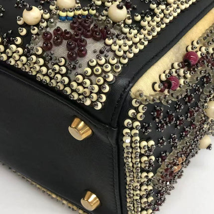 Lady Dior Medium Multicolor Beaded Leather and Fabric Gold Hardware with Strap