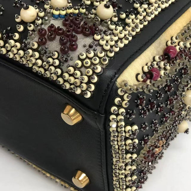 Lady Dior Medium Multicolor Beaded Leather and Fabric Gold Hardware with Strap