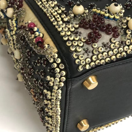Lady Dior Medium Multicolor Beaded Leather and Fabric Gold Hardware with Strap