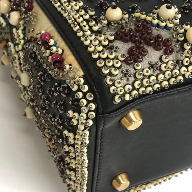 Lady Dior Medium Multicolor Beaded Leather and Fabric Gold Hardware with Strap