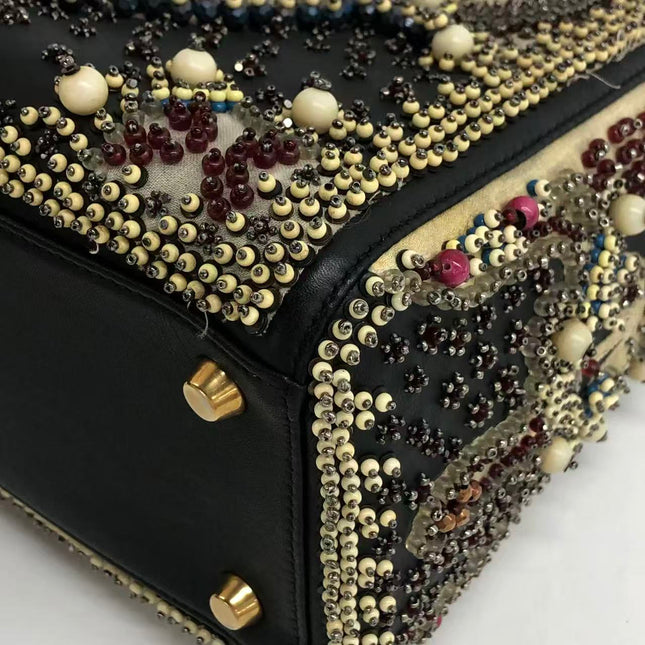 Lady Dior Medium Multicolor Beaded Leather and Fabric Gold Hardware with Strap