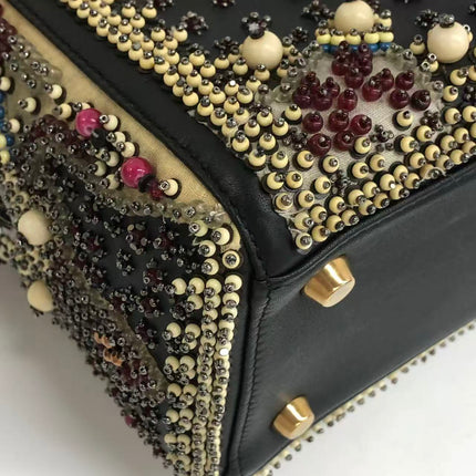 Lady Dior Medium Multicolor Beaded Leather and Fabric Gold Hardware with Strap