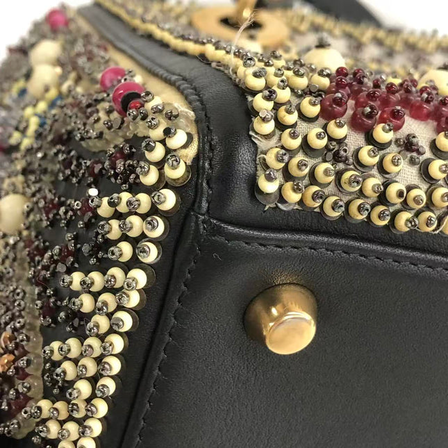 Lady Dior Medium Multicolor Beaded Leather and Fabric Gold Hardware with Strap