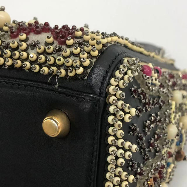 Lady Dior Medium Multicolor Beaded Leather and Fabric Gold Hardware with Strap
