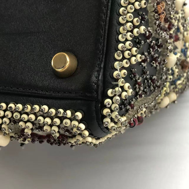 Lady Dior Medium Multicolor Beaded Leather and Fabric Gold Hardware with Strap