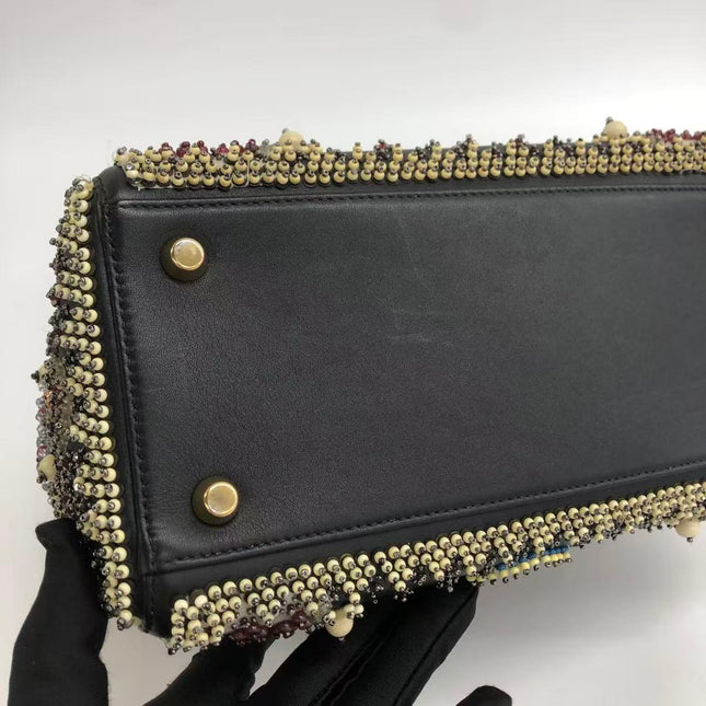 Lady Dior Medium Multicolor Beaded Leather and Fabric Gold Hardware with Strap
