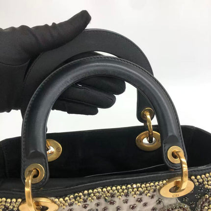 Lady Dior Medium Multicolor Beaded Leather and Fabric Gold Hardware with Strap